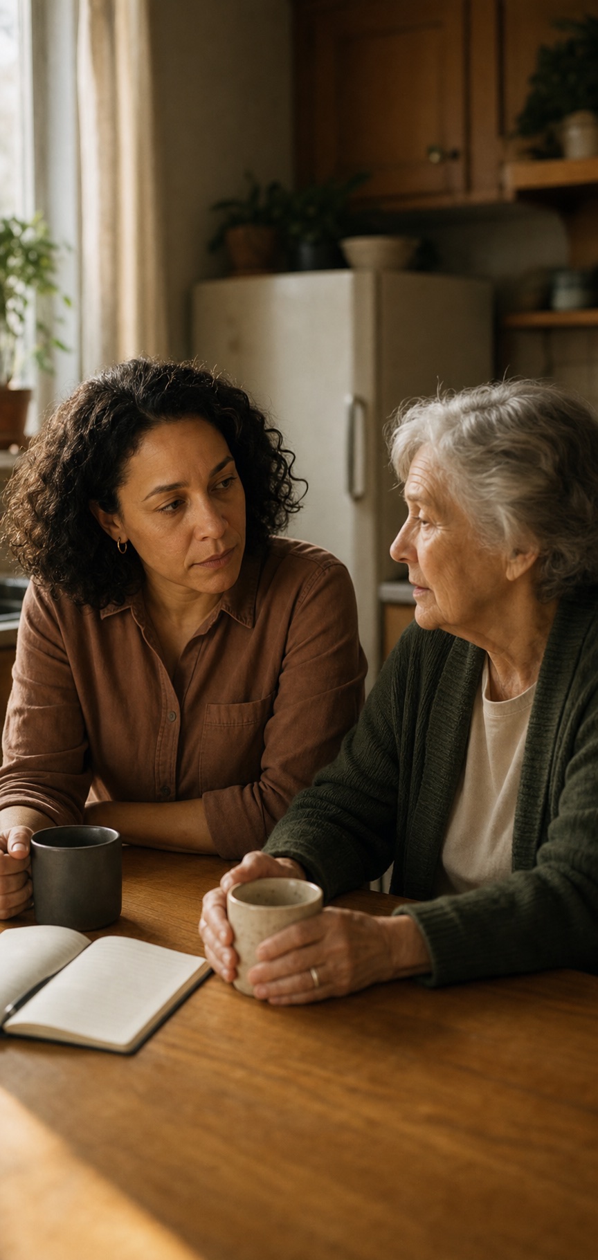 An adult daughter and older mother in a quiet kitchen conversation.