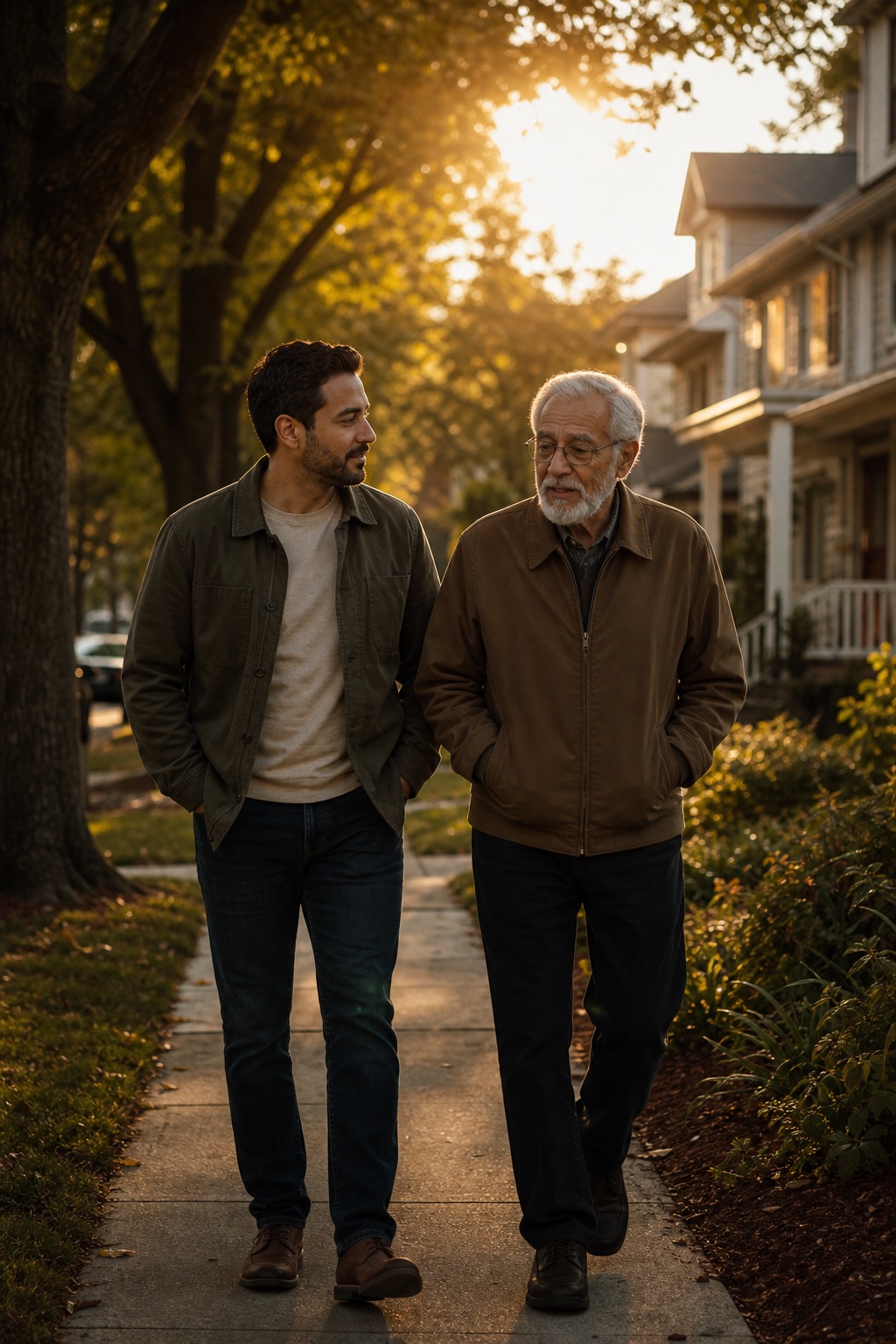 An adult son walking beside his older father in warm neighborhood light.