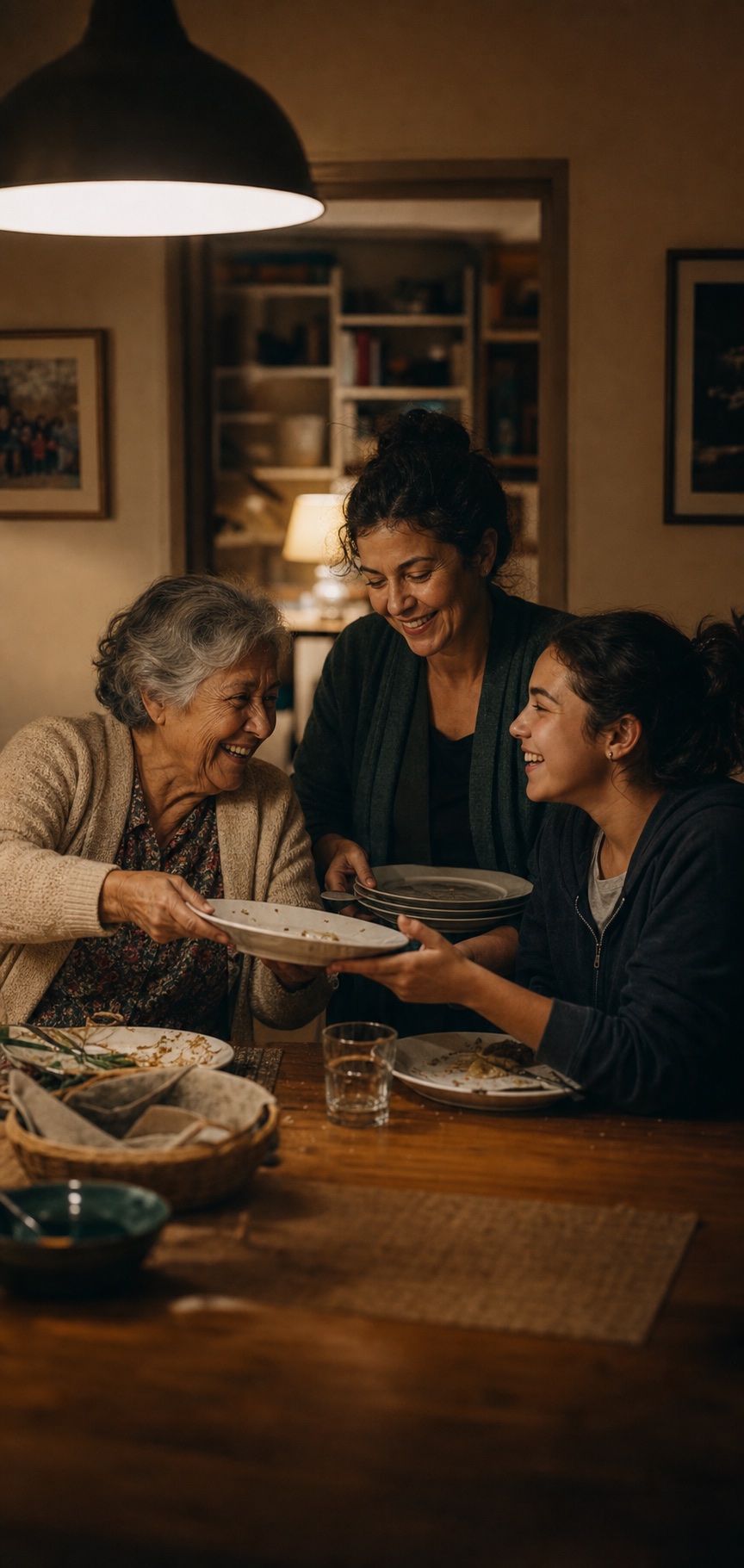 Three generations sharing a warm moment after dinner.